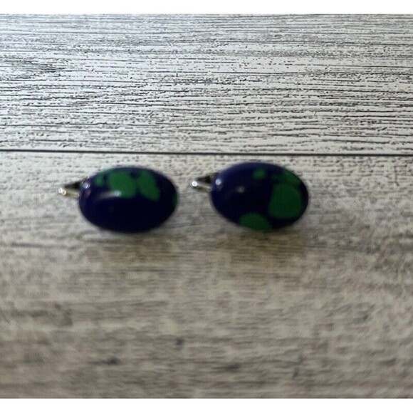 Azurite Malachite Clip On Silver Tone Earrings - Picture 3 of 5